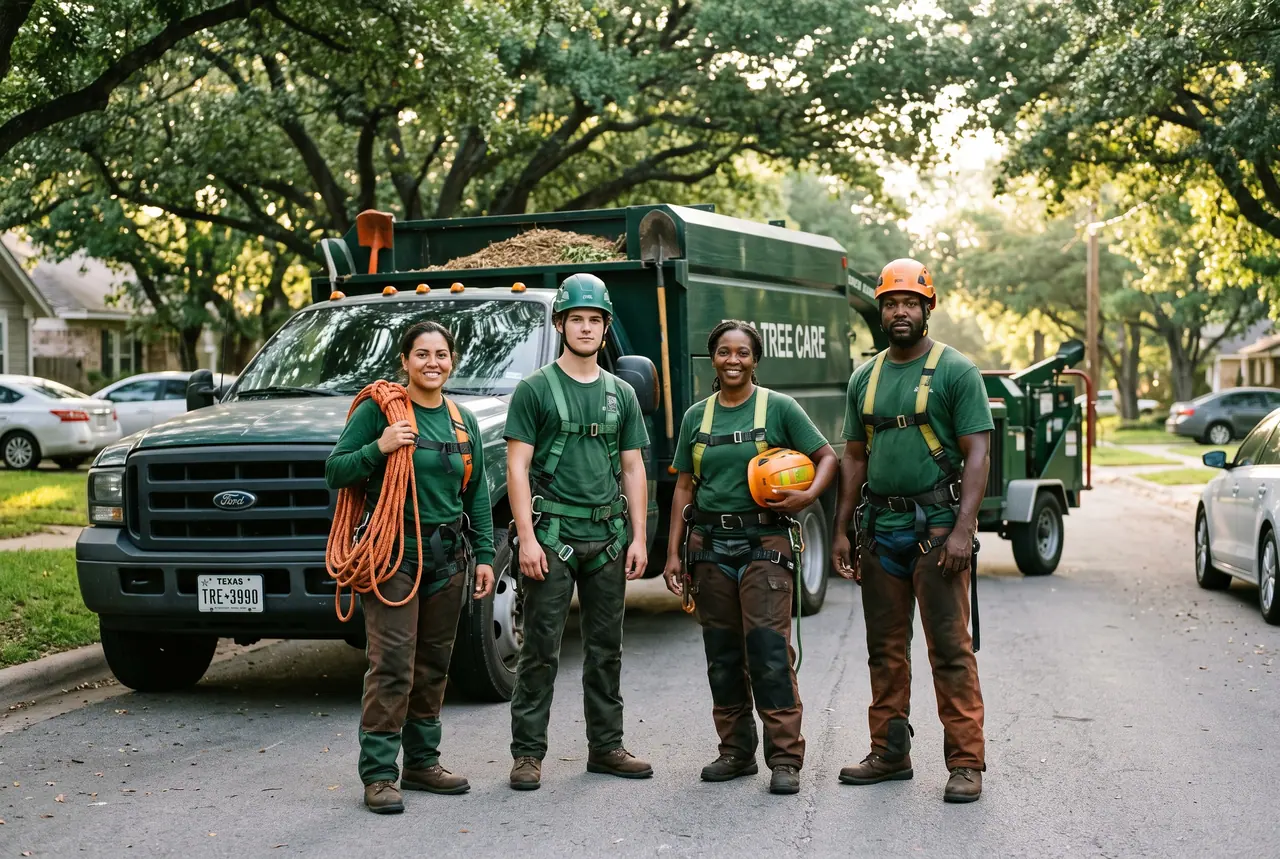 The Summit Tree Care crew standing in front of their chip truck and wood chipper on a residential Austin street